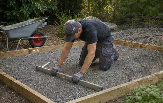 Person richtet eine verdichtete Kiesfläche mit Wasserwaage und Abziehlatte aus; Thema Gartenwerkstatt, Schwerpunkt Fehlerhilfe; Ausgangslage.