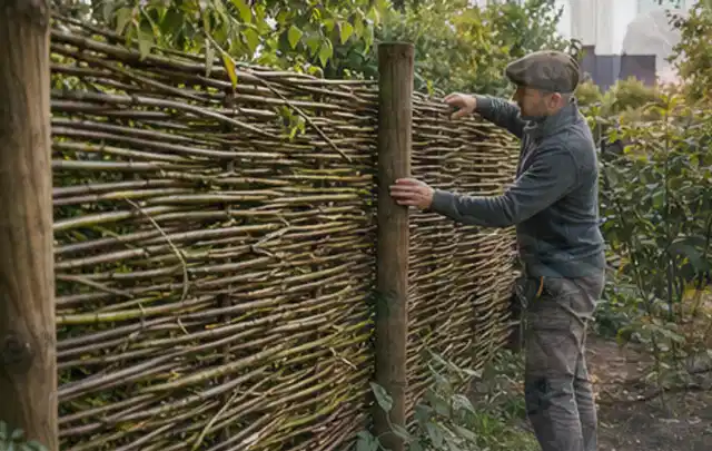 Person befestigt geflochtene Weidenruten an stabilen Holzpfosten im Garten; Thema Gartenwerkstatt, Schwerpunkt Fehlerhilfe; Ergebnis.