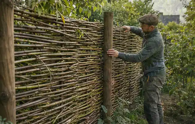 Person befestigt geflochtene Weidenruten an stabilen Holzpfosten im Garten; Thema Gartenwerkstatt, Schwerpunkt Fundament; Ausgangslage.