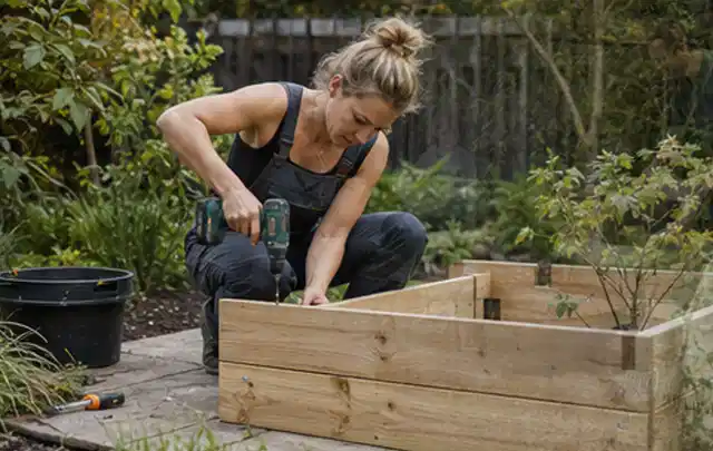 Person montiert ein massives Hochbeet aus unbehandeltem Holz im Garten; Thema Gartenwerkstatt, Schwerpunkt Fundament; Umsetzung.