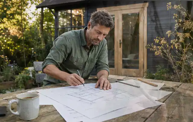 Person prüft Bauzeichnungen an einem Gartentisch vor einem kleinen Gartenhaus; Thema Gartenwerkstatt, Schwerpunkt Fundament; Praxisalltag.