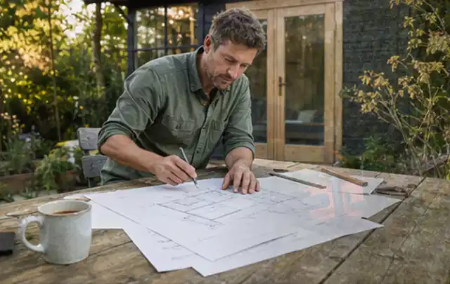 Person prüft Bauzeichnungen an einem Gartentisch vor einem kleinen Gartenhaus; Thema Gartenwerkstatt, Schwerpunkt Gärten mit kleiner Fläche; Umsetzung.