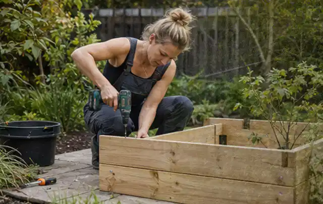 Person montiert ein massives Hochbeet aus unbehandeltem Holz im Garten; Thema Gartenwerkstatt, Schwerpunkt Gärten mit kleiner Fläche; Praxisalltag.