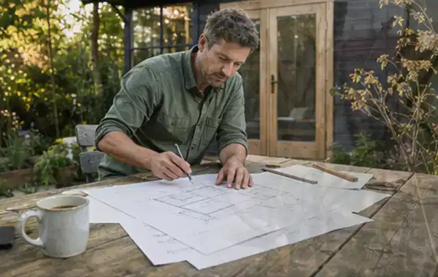 Person prüft Bauzeichnungen an einem Gartentisch vor einem kleinen Gartenhaus; Thema Gartenwerkstatt, Schwerpunkt Gartenhäuser; Ausgangslage.