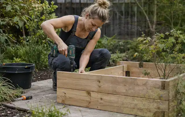Person montiert ein massives Hochbeet aus unbehandeltem Holz im Garten; Thema Gartenwerkstatt, Schwerpunkt Gartenhäuser; Umsetzung.