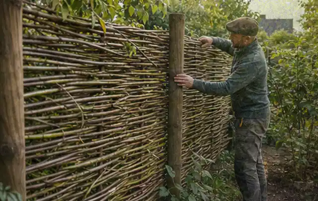 Person befestigt geflochtene Weidenruten an stabilen Holzpfosten im Garten; Thema Gartenwerkstatt, Schwerpunkt Gartenhäuser; Ergebnis.