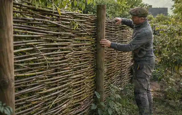 Person befestigt geflochtene Weidenruten an stabilen Holzpfosten im Garten; Thema Gartenwerkstatt, Schwerpunkt Gestaltung; Ausgangslage.