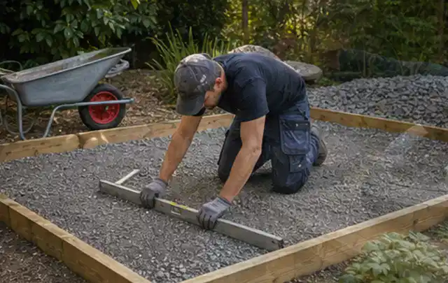 Person richtet eine verdichtete Kiesfläche mit Wasserwaage und Abziehlatte aus; Thema Gartenwerkstatt, Schwerpunkt Gestaltung; Umsetzung.