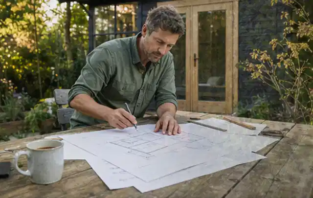 Person prüft Bauzeichnungen an einem Gartentisch vor einem kleinen Gartenhaus; Thema Gartenwerkstatt, Schwerpunkt Gestaltung; Praxisalltag.