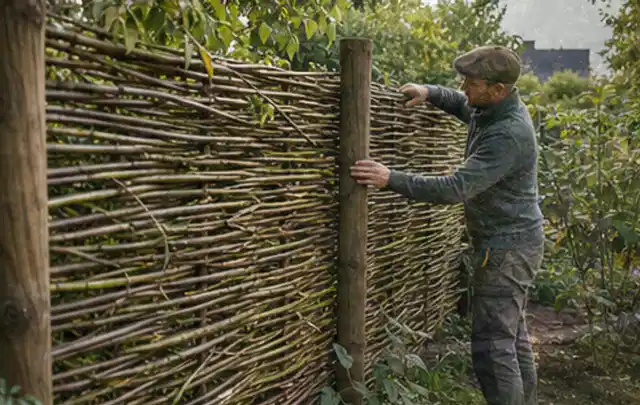 Person befestigt geflochtene Weidenruten an stabilen Holzpfosten im Garten; Thema Gartenwerkstatt, Schwerpunkt Kosten; Umsetzung.