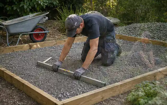Person richtet eine verdichtete Kiesfläche mit Wasserwaage und Abziehlatte aus; Thema Gartenwerkstatt, Schwerpunkt Kosten; Kontrolle.