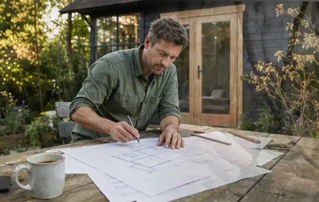 Person prüft Bauzeichnungen an einem Gartentisch vor einem kleinen Gartenhaus; Thema Gartenwerkstatt, Schwerpunkt Kosten; Ergebnis.