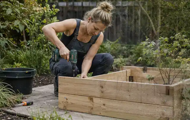 Person montiert ein massives Hochbeet aus unbehandeltem Holz im Garten; Thema Gartenwerkstatt, Schwerpunkt Kosten; Praxisalltag.