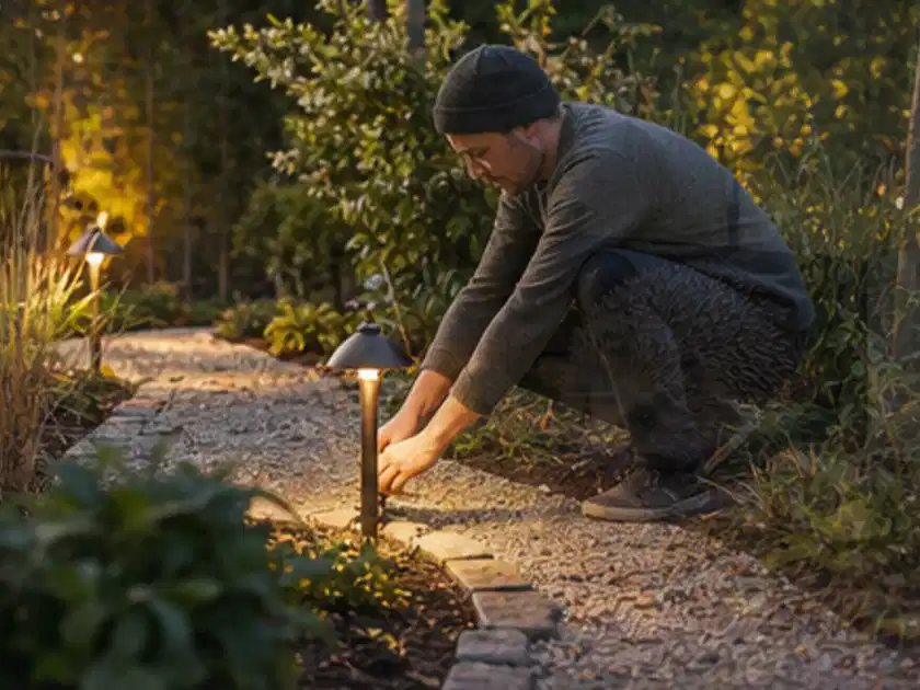 Person richtet eine niedrige warm leuchtende Gartenlampe am Kiesweg aus; Thema Gartenwerkstatt, Schwerpunkt Materialwahl; Titelbild.