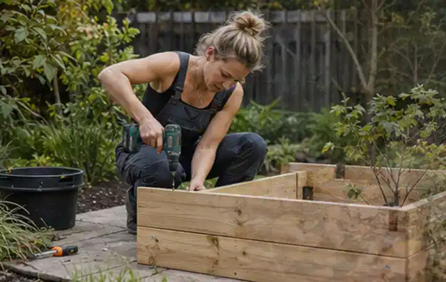 Person montiert ein massives Hochbeet aus unbehandeltem Holz im Garten; Thema Gartenwerkstatt, Schwerpunkt Materialwahl; Ausgangslage.