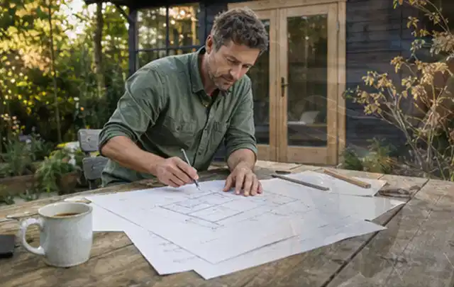 Person prüft Bauzeichnungen an einem Gartentisch vor einem kleinen Gartenhaus; Thema Gartenwerkstatt, Schwerpunkt Materialwahl; Umsetzung.