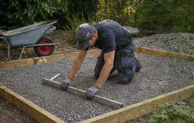 Person richtet eine verdichtete Kiesfläche mit Wasserwaage und Abziehlatte aus; Thema Gartenwerkstatt, Schwerpunkt Materialwahl; Kontrolle.