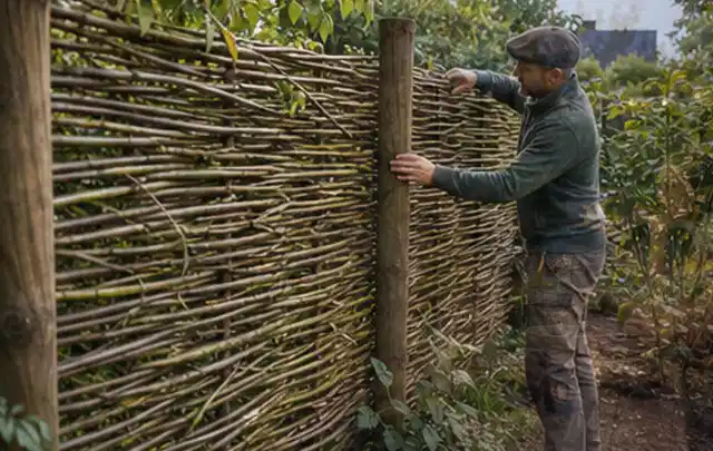 Person befestigt geflochtene Weidenruten an stabilen Holzpfosten im Garten; Thema Gartenwerkstatt, Schwerpunkt Materialwahl; Ergebnis.