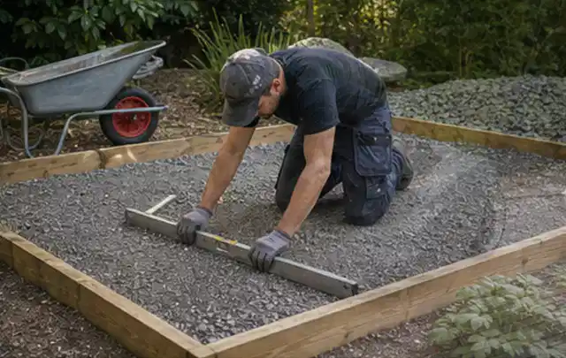Person richtet eine verdichtete Kiesfläche mit Wasserwaage und Abziehlatte aus; Thema Gartenwerkstatt, Schwerpunkt Nachhaltigkeit; Ausgangslage.