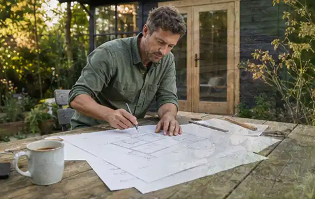 Person prüft Bauzeichnungen an einem Gartentisch vor einem kleinen Gartenhaus; Thema Gartenwerkstatt, Schwerpunkt Nachhaltigkeit; Kontrolle.