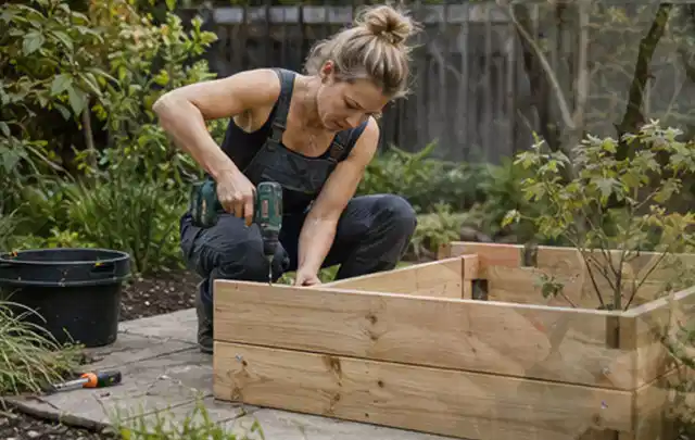 Person montiert ein massives Hochbeet aus unbehandeltem Holz im Garten; Thema Gartenwerkstatt, Schwerpunkt Nachhaltigkeit; Praxisalltag.