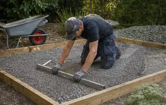 Person richtet eine verdichtete Kiesfläche mit Wasserwaage und Abziehlatte aus; Thema Gartenwerkstatt, Schwerpunkt Pflege; Umsetzung.