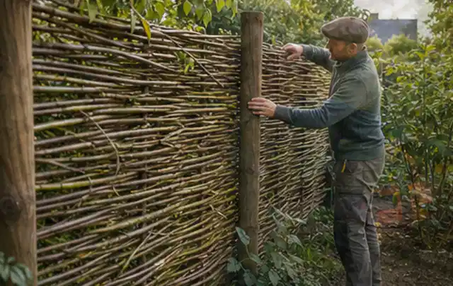 Person befestigt geflochtene Weidenruten an stabilen Holzpfosten im Garten; Thema Gartenwerkstatt, Schwerpunkt Pflege; Kontrolle.