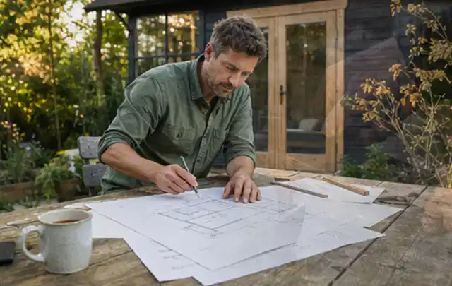 Person prüft Bauzeichnungen an einem Gartentisch vor einem kleinen Gartenhaus; Thema Gartenwerkstatt, Schwerpunkt Pflege; Ergebnis.