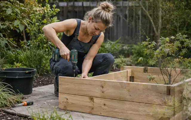 Person montiert ein massives Hochbeet aus unbehandeltem Holz im Garten; Thema Gartenwerkstatt, Schwerpunkt Pflege; Praxisalltag.
