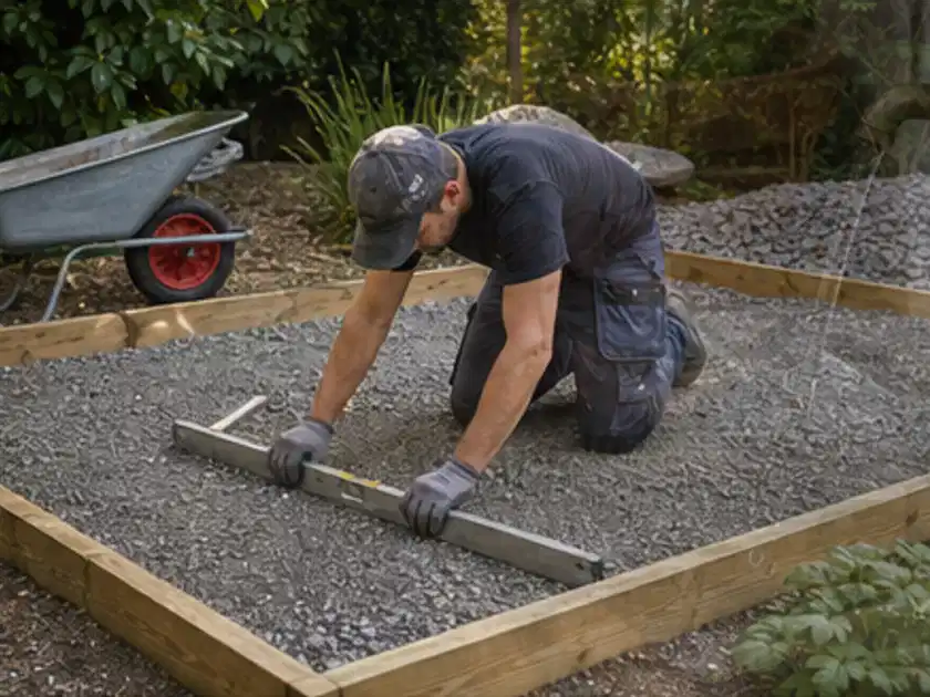 Person richtet eine verdichtete Kiesfläche mit Wasserwaage und Abziehlatte aus; Thema Gartenwerkstatt, Schwerpunkt Planung; Titelbild.