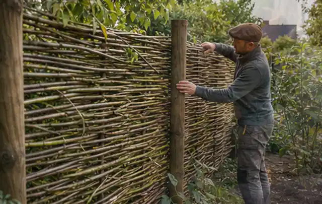 Person befestigt geflochtene Weidenruten an stabilen Holzpfosten im Garten; Thema Gartenwerkstatt, Schwerpunkt Planung; Ausgangslage.