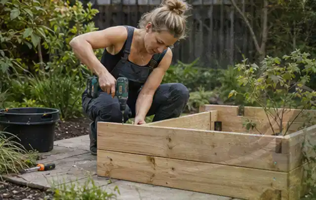 Person montiert ein massives Hochbeet aus unbehandeltem Holz im Garten; Thema Gartenwerkstatt, Schwerpunkt Planung; Kontrolle.