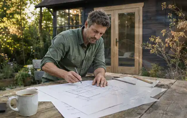 Person prüft Bauzeichnungen an einem Gartentisch vor einem kleinen Gartenhaus; Thema Gartenwerkstatt, Schwerpunkt Planung; Praxisalltag.