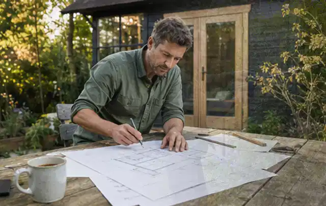 Person prüft Bauzeichnungen an einem Gartentisch vor einem kleinen Gartenhaus; Thema Gartenwerkstatt, Schwerpunkt Winterschutz; Ausgangslage.