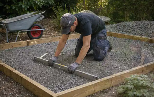 Person richtet eine verdichtete Kiesfläche mit Wasserwaage und Abziehlatte aus; Thema Gartenwerkstatt, Schwerpunkt Winterschutz; Umsetzung.