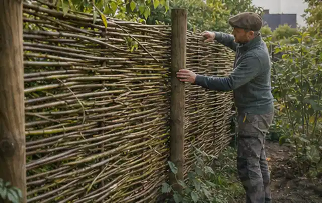 Person befestigt geflochtene Weidenruten an stabilen Holzpfosten im Garten; Thema Gartenwerkstatt, Schwerpunkt Winterschutz; Ergebnis.