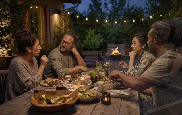 Menschen verbringen einen ruhigen Abend an einem Sitzplatz im Garten; Thema Gasgrills, Schwerpunkt Anwendung; Umsetzung.