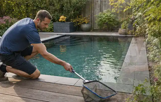 Person entfernt Blätter mit einem Kescher aus einem kleinen Gartenpool; Thema Gasgrills, Schwerpunkt Bestenliste; Ausgangslage.
