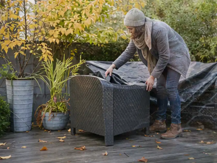 Person deckt Gartenmöbel vor der kalten Jahreszeit sorgfältig ab; Thema Gasgrills, Schwerpunkt Checkliste; Titelbild.