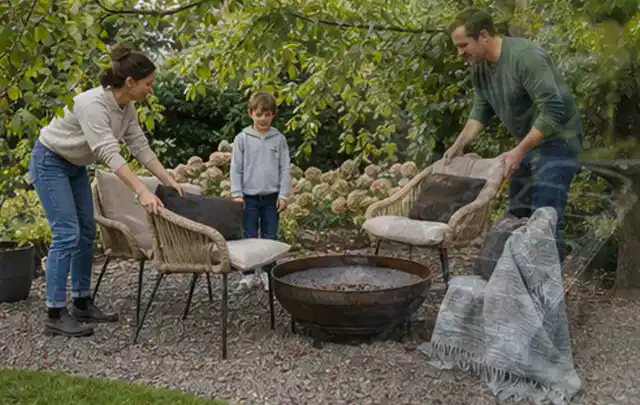 Familie stellt wetterfeste Sessel an einem geschützten Sitzplatz im Garten auf; Thema Gasgrills, Schwerpunkt Checkliste; Ausgangslage.
