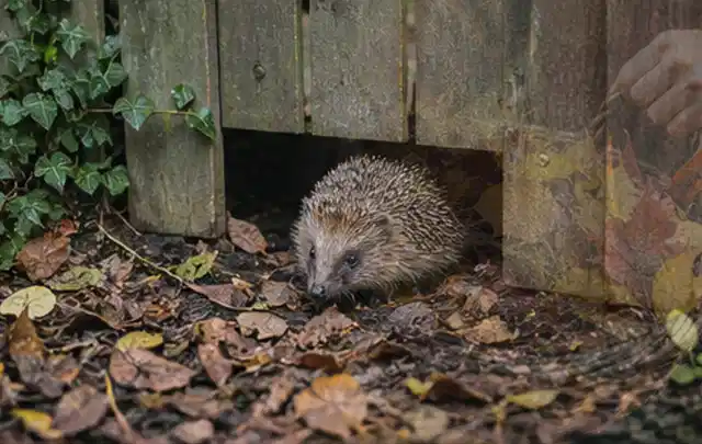 Igel nutzt einen bodennahen Durchgang unter einem hölzernen Gartenzaun; Thema Gasgrills, Schwerpunkt Checkliste; Praxisalltag.