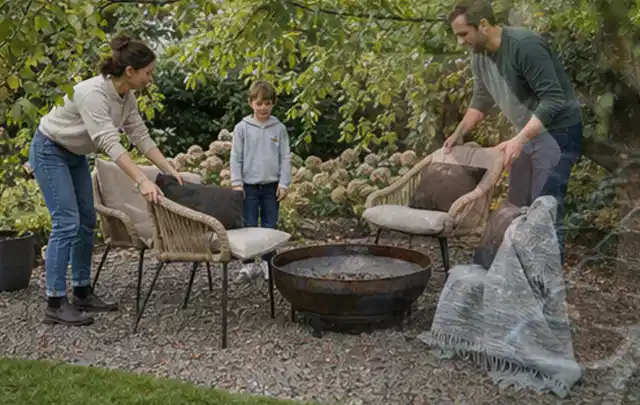 Familie stellt wetterfeste Sessel an einem geschützten Sitzplatz im Garten auf; Thema Gasgrills, Schwerpunkt Dimensionierung; Umsetzung.