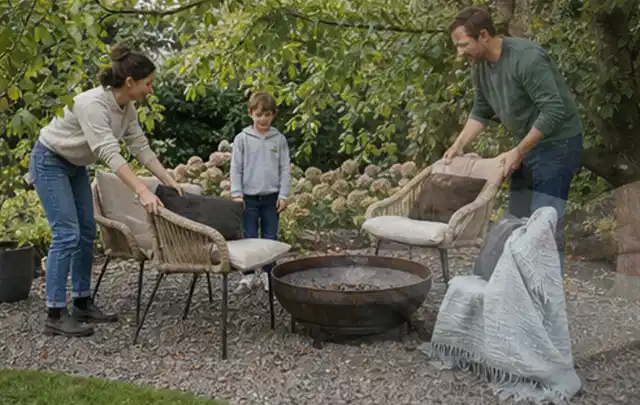 Familie stellt wetterfeste Sessel an einem geschützten Sitzplatz im Garten auf; Thema Gasgrills, Schwerpunkt Ersatzteile; Ergebnis.