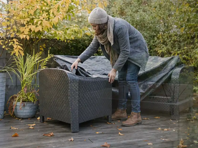 Person deckt Gartenmöbel vor der kalten Jahreszeit sorgfältig ab; Thema Gasgrills, Schwerpunkt Fehlerhilfe; Titelbild.