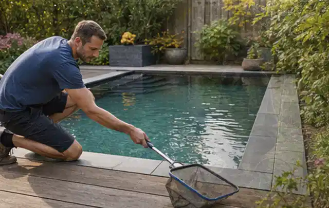 Person entfernt Blätter mit einem Kescher aus einem kleinen Gartenpool; Thema Gasgrills, Schwerpunkt Fehlerhilfe; Kontrolle.