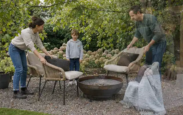 Familie stellt wetterfeste Sessel an einem geschützten Sitzplatz im Garten auf; Thema Gasgrills, Schwerpunkt Gärten mit kleiner Fläche; Ausgangslage.