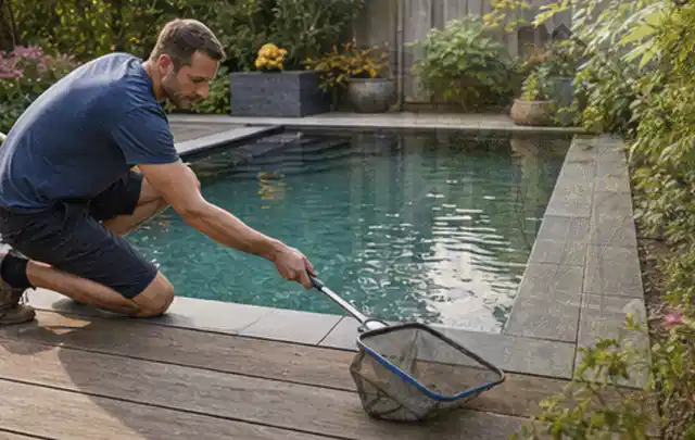 Person entfernt Blätter mit einem Kescher aus einem kleinen Gartenpool; Thema Gasgrills, Schwerpunkt Kaufberatung; Ausgangslage.