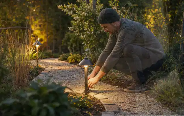 Person richtet eine niedrige warm leuchtende Gartenlampe am Kiesweg aus; Thema Gasgrills, Schwerpunkt Kosten; Umsetzung.