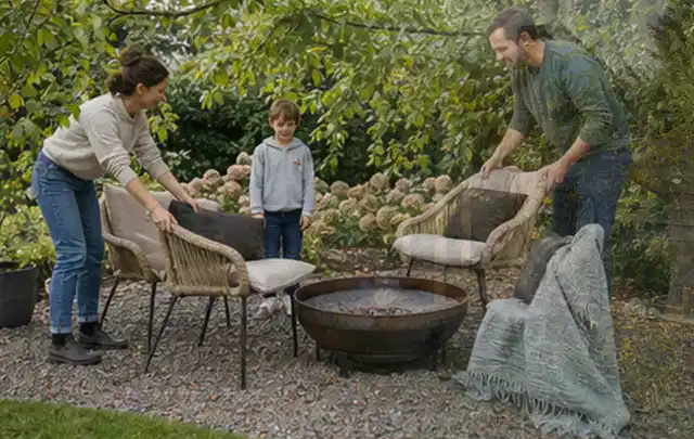 Familie stellt wetterfeste Sessel an einem geschützten Sitzplatz im Garten auf; Thema Gasgrills, Schwerpunkt Leistung; Umsetzung.
