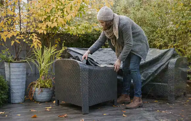 Person deckt Gartenmöbel vor der kalten Jahreszeit sorgfältig ab; Thema Gasgrills, Schwerpunkt Leistung; Kontrolle.